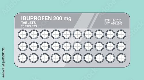Pill blister pack containing 20 tablets of ibuprofen 200mg, useful for pain relief and fever reduction