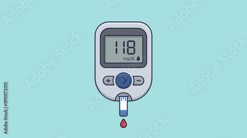 Digital glucometer displaying a reading of 118 mg/dL with a blood drop on the test strip, indicating a health monitoring device for diabetes management