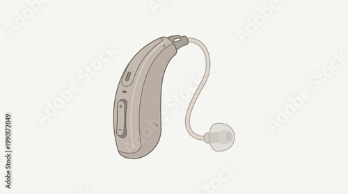 Illustration of a beige hearing aid device with clear tubing and earbud against a plain background