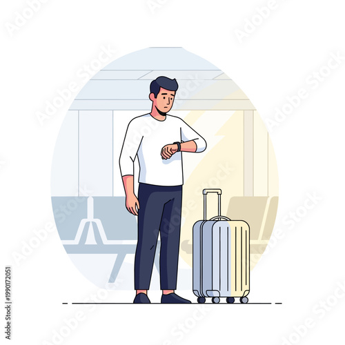 Man checking watch with luggage at airport.