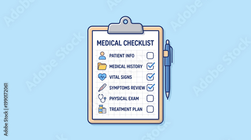Comprehensive medical checklist for patient care and health management outlining essential steps from information gathering to treatment planning for healthcare professionals