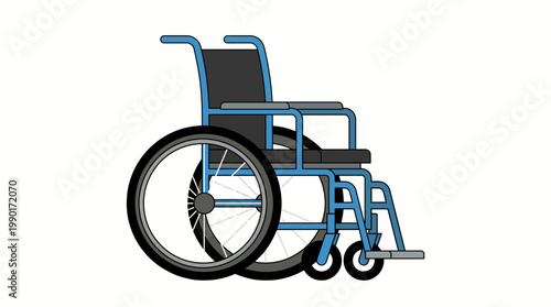 Illustration of a blue and gray wheelchair on a white background, depicting mobility and accessibility for disabled individuals