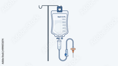 Medical intravenous drip bag with saline solution hanging from a stand, signifying healthcare and treatment
