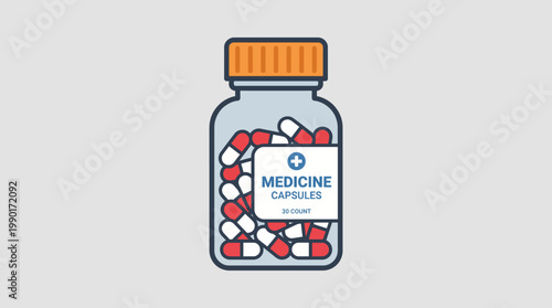 Flat design illustration of a medicine bottle packed with various capsules, symbolizing health, wellness, and medical prescription