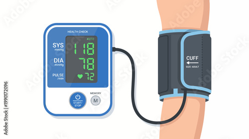 Automatic digital blood pressure monitor displaying systolic and diastolic readings with a cuff on a person's arm, illustrating essential home health monitoring and cardiovascular wellness
