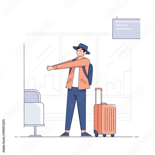 Man with suitcase at airport waiting for transport.