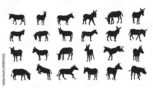A collection of black donkey silhouettes in various poses on a white background