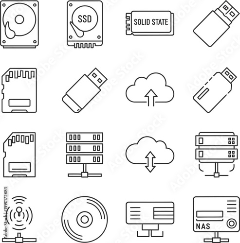 Data Storage Icon Set Line Art.