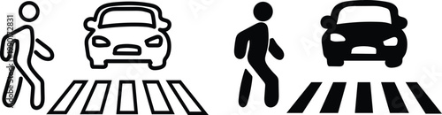 Black Pedestrian Crossing Icons Set - Person Walking and Car on Zebra Crossing - Road Safety and Traffic Rules Line Art and Silhouettes - Black Street Safety Web Icons Vector