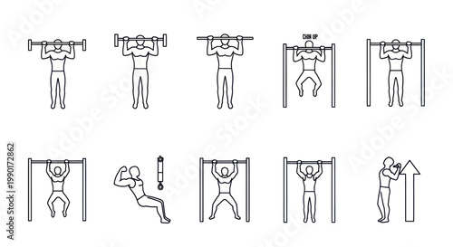 Fitness Exercise Icons: Strength Training, Bodybuilding, Workout Routine, Gym Illustrations
