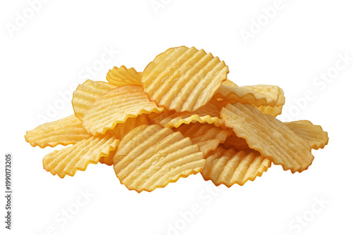 Pile of tasty ridged potato chips isolated on transparent Background. Golden wavy potato chips crispy snacks isolated on transparent Background. 
