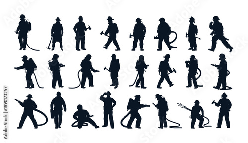 A collection of firefighter silhouettes in various poses and actions on a white background