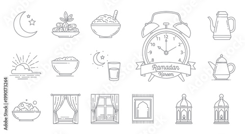 Ramadan Icons Set: Moon, Alarm Clock, Food, Lanterns, Teapot, Prayer Mat