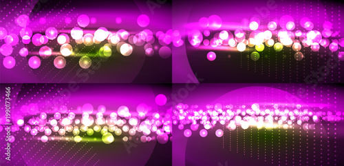 Bright purple backgrounds feature glowing orbs, dots, lines. Abstract design evokes festive, energetic atmosphere. Modern digital art.