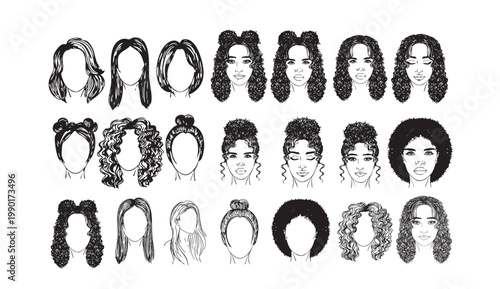 A diverse collection of women's hairstyles in various styles and textures.