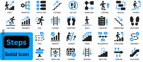 Steps solid icon set. Steps icon set contains walk, run, stairs, ladder, step, footprint, shoeprint and more. 