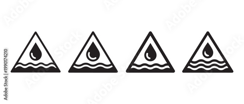 Water Drop and Wavy Lines Icons in Triangles Set. Black and White Minimalist Waterproof or Liquid Symbols Graphic Design Element.