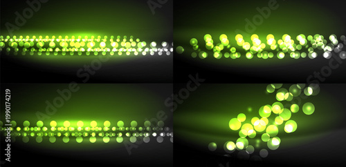 Green light effects, bokeh shapes present. Four panels display varying densities, brightness levels. Dark background emphasizes glowing particles.