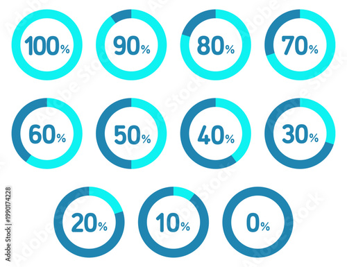 青と水色のドーナツ型円グラフセット 充電残量・進捗率・達成率・満足度を表すパーセンテージ表示ベクター素材