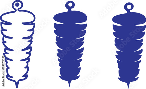 Blue Doner Kebab Shawarma Icons Set - Turkish Meat Grill Silhouette and Line Art - Arabic Food and Street Food Web Icons - Blue Meat Skewer Symbols for Restaurants and Fast Food