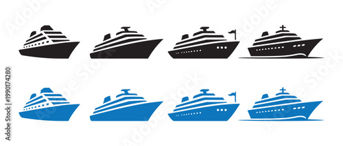 Cruise Ship Icon Set. Modern Black and Blue Passenger Liners in Flat Vector Graphic Style on White Background.