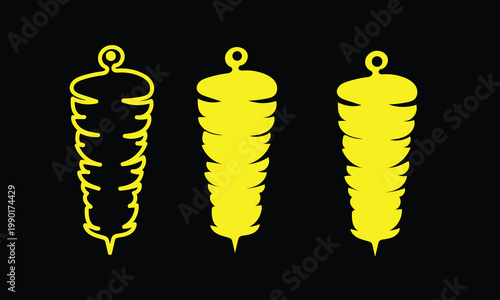 Yellow Doner Kebab Shawarma Icons on Black Background - Turkish Meat Grill Silhouettes - Arabic Street Food Web Icons - Yellow Meat Skewer Symbols for Dark Mode Design