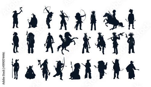 A collection of black silhouettes depicting various warriors and hunters in different poses and actions