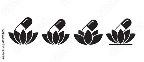 Capsule Pill on Lotus Flower Icons Set, symbolizing holistic medicine, natural remedies, and wellness.