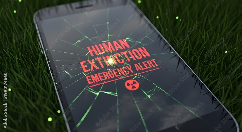 Obraz premium Close Up Cracked Phone Display Showing Extinction Warning in Radioactive Grass Futuristic Dystopian Scene
