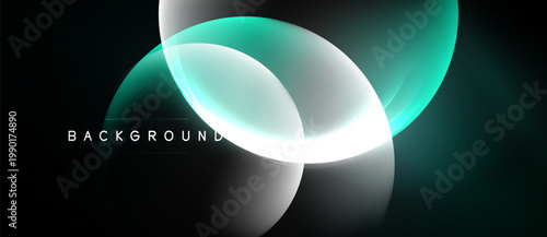 Abstract design features overlapping circles, teal and white hues. Dark background enhances visual impact, modern aesthetic.