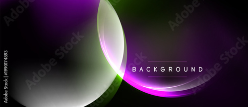 Abstract design features vibrant purple, green hues. Smooth gradients create flowing shapes, modern aesthetic. Dark background emphasizes luminosity.