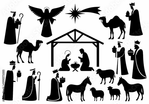 Nativity Scene Silhouette Collection featuring Mary, Joseph, Baby Jesus, Three Wise Men, Shepherds, Animals, and Bethlehem Star Vector Elements for Christmas Designs