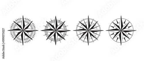 Vintage Rose Compass Designs, Nautical Navigation Tools, Isolated on White Background.