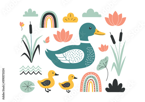 Scandinavian Style Duck and Ducklings Illustration Set with Lotus Flowers, Reeds, and Rainbows