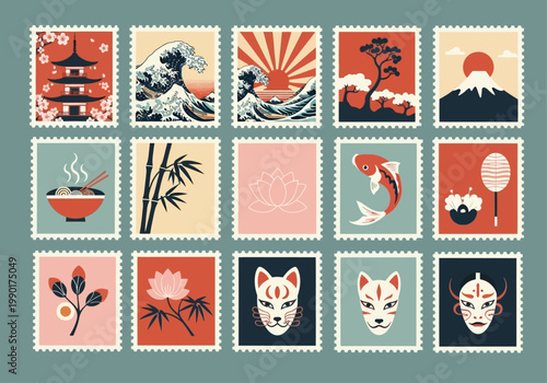 Collection of Japanese Culture Postage Stamps with Great Wave, Mt Fuji, Kitsune Masks, and Traditional Symbols