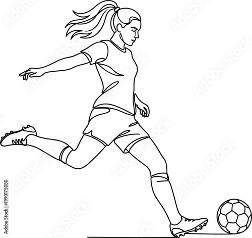 Female soccer player kicking ball running action sports activity football training match line art vector illustration