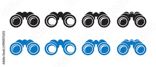 Set of Binoculars Icons. Black and Blue Silhouettes on White Background, Top View.