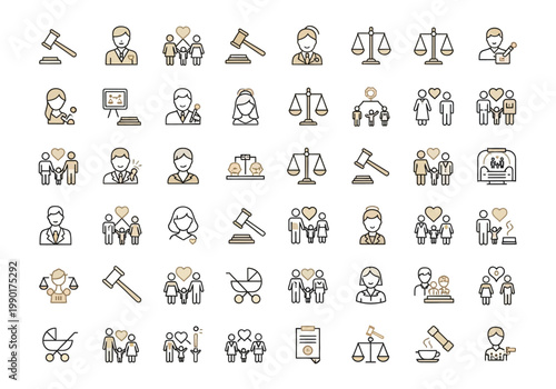 Family Law and Legal Services Icon Set for Divorce, Child Custody, and Adoption Concepts