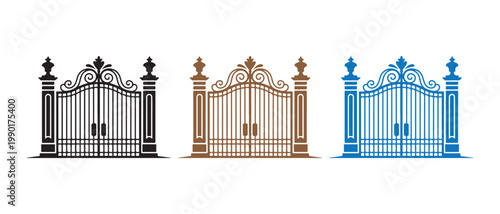 Collection of ornate wrought iron gates in black, brown, and blue, isolated on a white background.