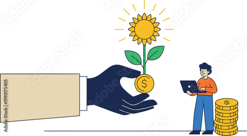 Financial growth concept with investment hand nurturing plant and coins savings profit income and wealth management flat vector illustration