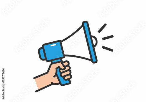 Hand Holding Blue Megaphone Vector Illustration - Concept for Marketing Announcement, Public Speaking, and News Broadcasting Isolated on White Background
