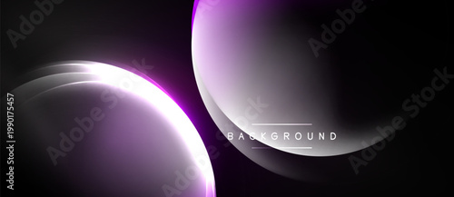 Abstract design features overlapping purple, white layers. Minimalist composition creates modern, dynamic visual effect. Dark background enhances luminosity.