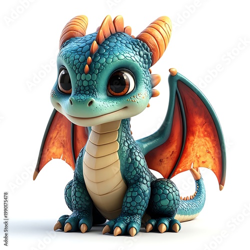 A cute cartoon dragon with blue skin and orange wings