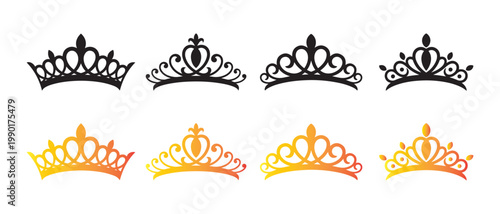 Royal Tiara and Crown Icons. in Black and Golden Gradient for Luxury Branding Design.