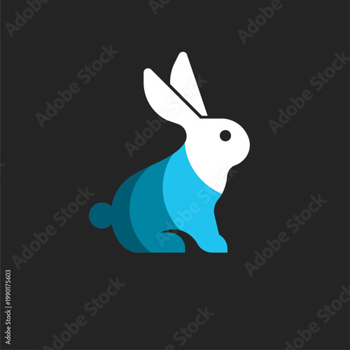 Modern Flat Design Blue and White Rabbit Icon on Black Background