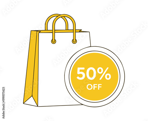Vibrant yellow and white shopping bag accompanied by a clear 50% off discount badge, symbolizing attractive retail promotions, sales events, and special offers for customers seeking great deals