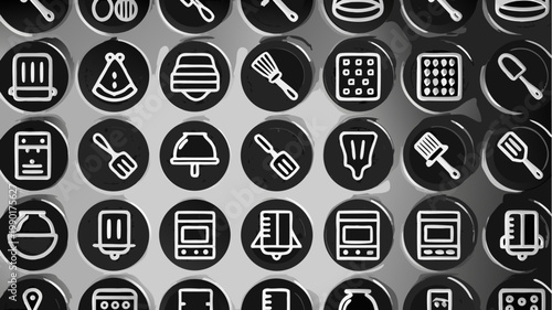 Diverse collection of 35 black and white kitchen utensil icons representing cooking tools and culinary equipment in a clean modern graphic design style perfect for web and app