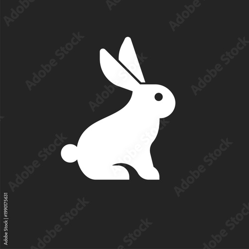 White Rabbit Icon, Simple Minimalist Graphic Design of a Sitting Bunny on a Black Background