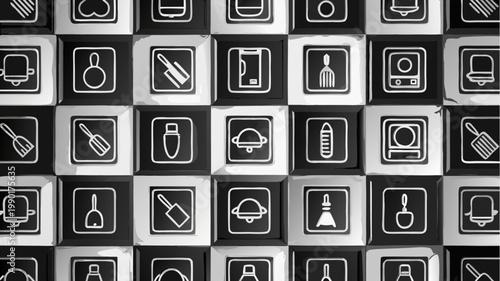 Diverse collection of 35 black and white kitchen utensil icons arranged in a grid pattern featuring cooking tools and appliances for culinary design and web graphics