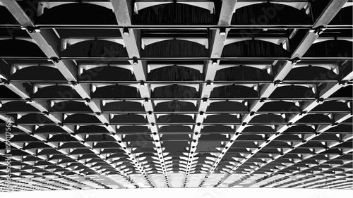 Geometric abstract pattern of repeating arches and lines forming a futuristic ceiling or bridge structure with dramatic shadows and light in monochrome tones